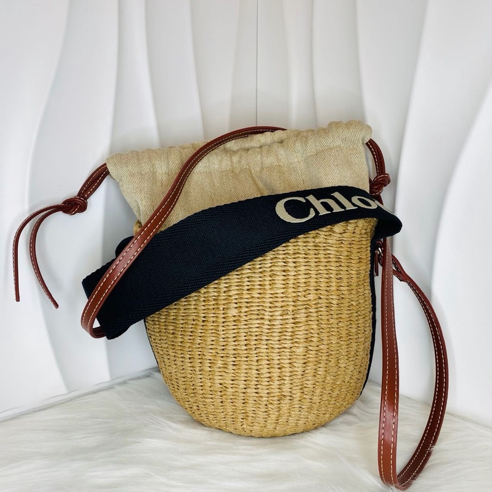 CHLOE Small Woody Basket Bag Tan Brown Straw Canvas Silver Hardware